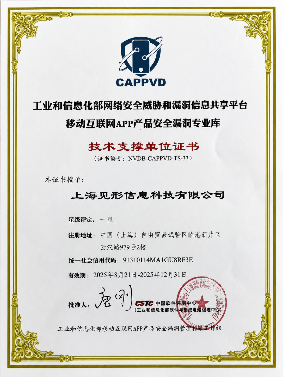 工业和信息化部 CAPPVD 技术支撑单位证书